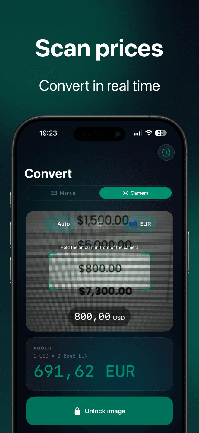 Scan prices with the camera and convert in real time